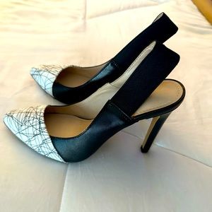 French Connection Size 38.5 (USA 8) Black & White Strappy Stilettos